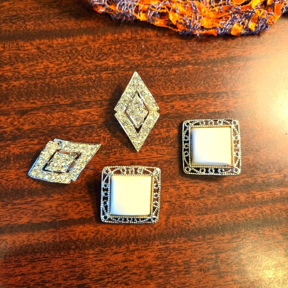 2 Pair Vintage Clip On Earrings, Rhinestone, White Lucite - Picture 2 of 16